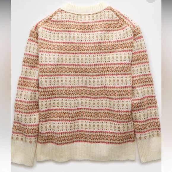 AE Whoa So Soft Fair Isle Crewneck Relaxed Knit Cream Tan Red Preppy Sweater - Picture 6 of 16